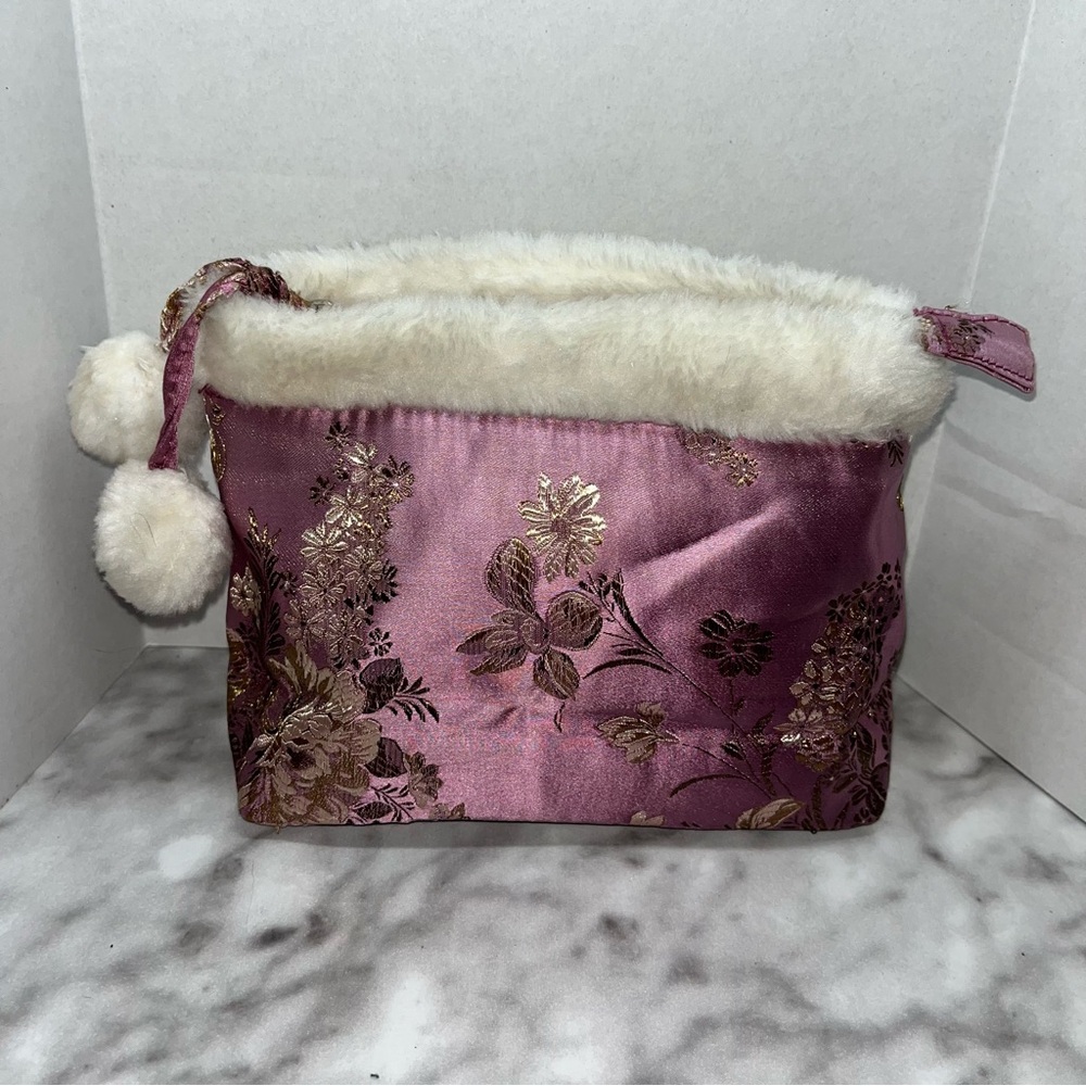 Y2K vintage lavender gold embroidered floral tapestry makeup cosmetic bag travel